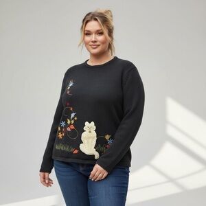 Vintage Embroidered Cat Crewneck Sweater